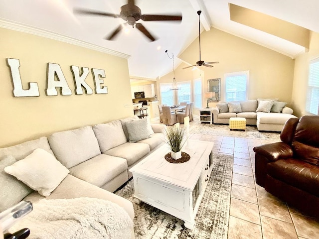 29 Frank Fwy, Iuka, MS 38852 - living area featuring ceiling fan, beam ceiling, high vaulted ceiling, and light tile patterned floors
