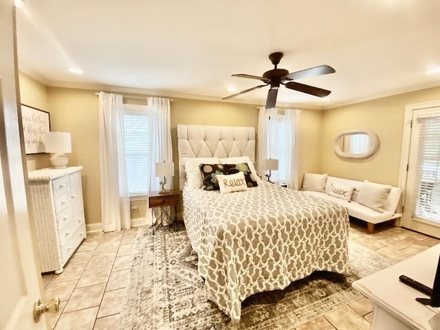 29 Frank Fwy, Iuka, MS 38852 - bedroom featuring crown molding, multiple windows, ceiling fan, light tile patterned flooring, and recessed lighting
