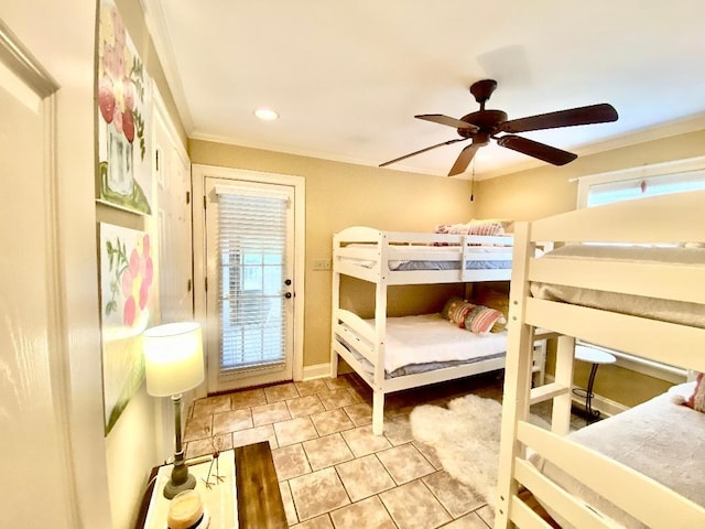 29 Frank Fwy, Iuka, MS 38852 - tiled bedroom featuring ornamental molding, a ceiling fan, and recessed lighting