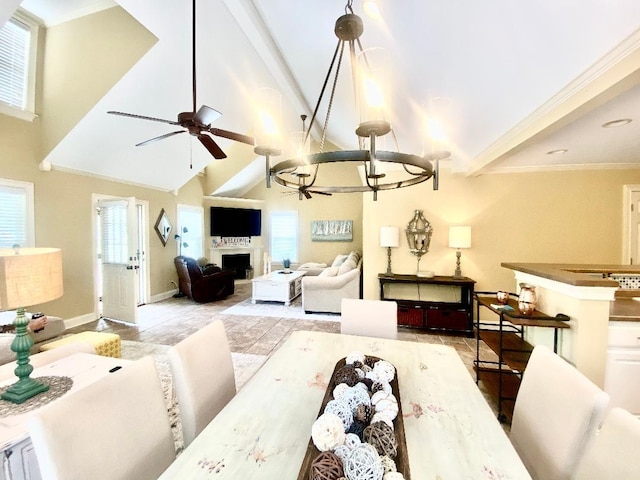 29 Frank Fwy, Iuka, MS 38852 - dining room with a ceiling fan, plenty of natural light, high vaulted ceiling, a chandelier, and a fireplace