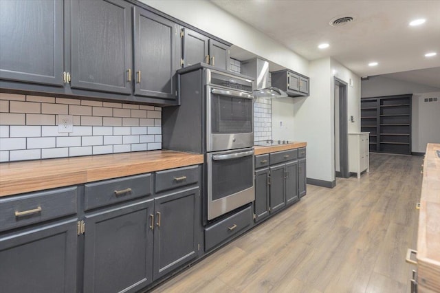 268 Tara Cv, Hernando, MS 38632 - kitchen with wood counters, stainless steel double oven, tasteful backsplash, light wood-type flooring, and black electric cooktop