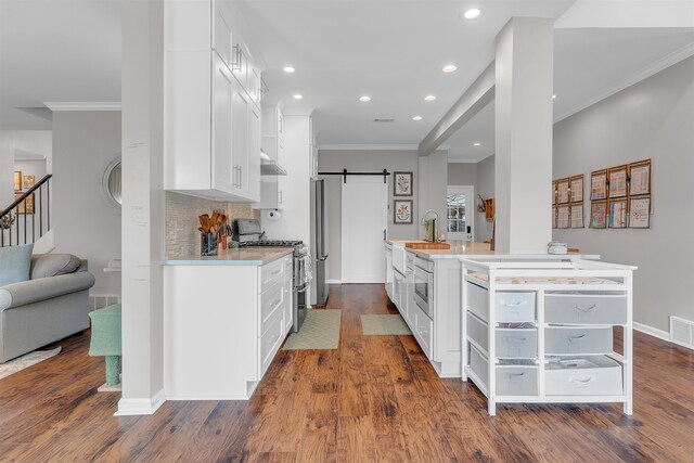 12262 Kathleen Cv, Arlington, TN 38002 - kitchen featuring stainless steel appliances, crown molding, dark wood-type flooring, white cabinets, and recessed lighting