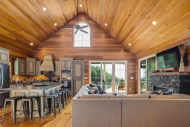 8 Shady Oak Cv, Iuka, MS 38852 - living room featuring plenty of natural light, wooden ceiling, high vaulted ceiling, a fireplace, and light wood-type flooring