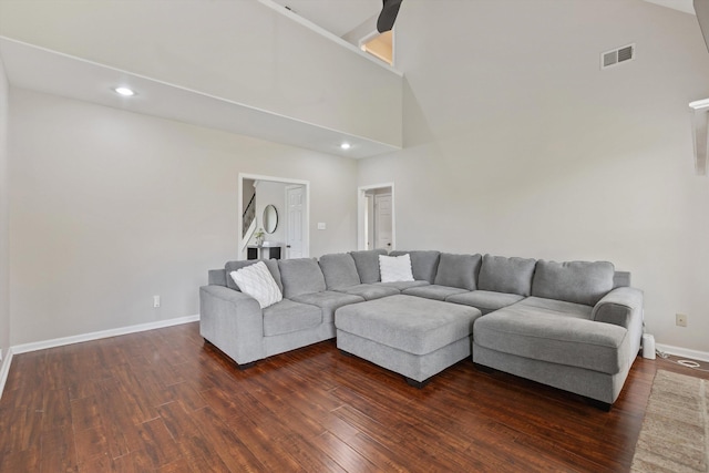 9071 E Tefall Cv, Cordova, TN 38016 - living area featuring dark wood-type flooring, high vaulted ceiling, baseboards, and recessed lighting