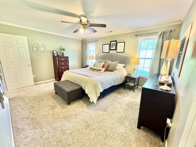 150 Westwood Cir, Ripley, TN 38063 - bedroom with multiple windows, crown molding, light carpet, a textured ceiling, and a ceiling fan