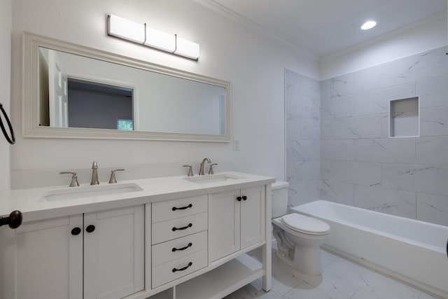 228 Palisade St, Memphis, TN 38111 - bathroom featuring double vanity, toilet, crown molding, marble finish floors, and bathing tub / shower combination