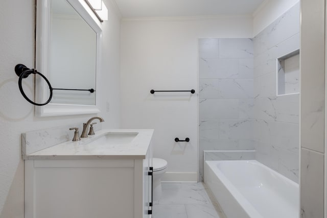 228 Palisade St, Memphis, TN 38111 - bathroom with vanity, marble finish flooring, toilet, crown molding, and baseboards