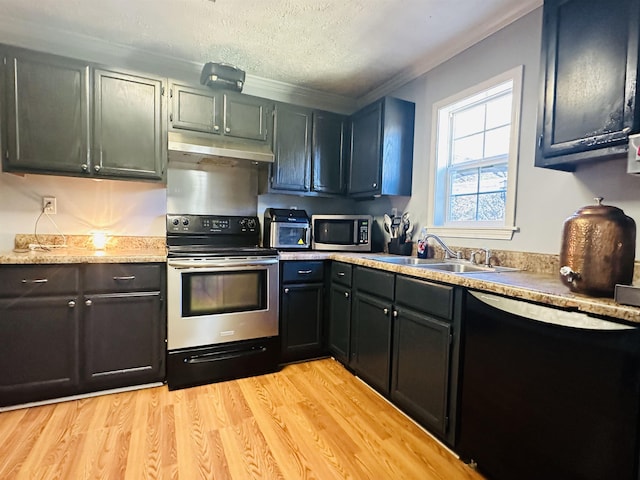 1145 Cypress Tank Rd, Pocahontas, TN 38061 - kitchen featuring appliances with stainless steel finishes, under cabinet range hood, light countertops, ornamental molding, and light wood finished floors