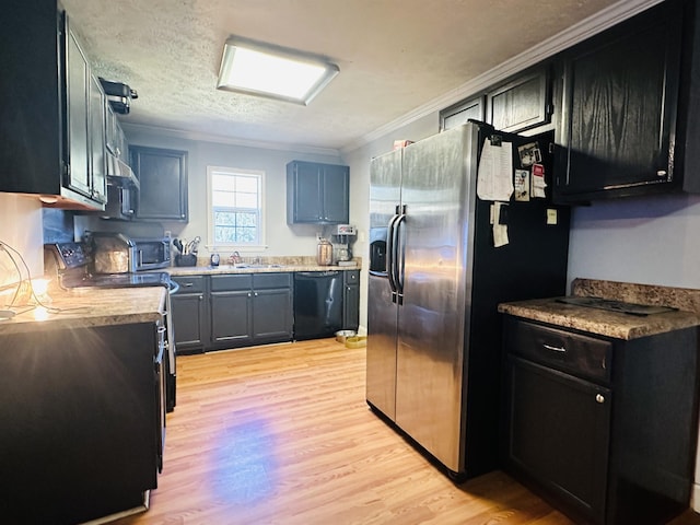 1145 Cypress Tank Rd, Pocahontas, TN 38061 - kitchen featuring black appliances, ornamental molding, a sink, light wood finished floors, and a textured ceiling