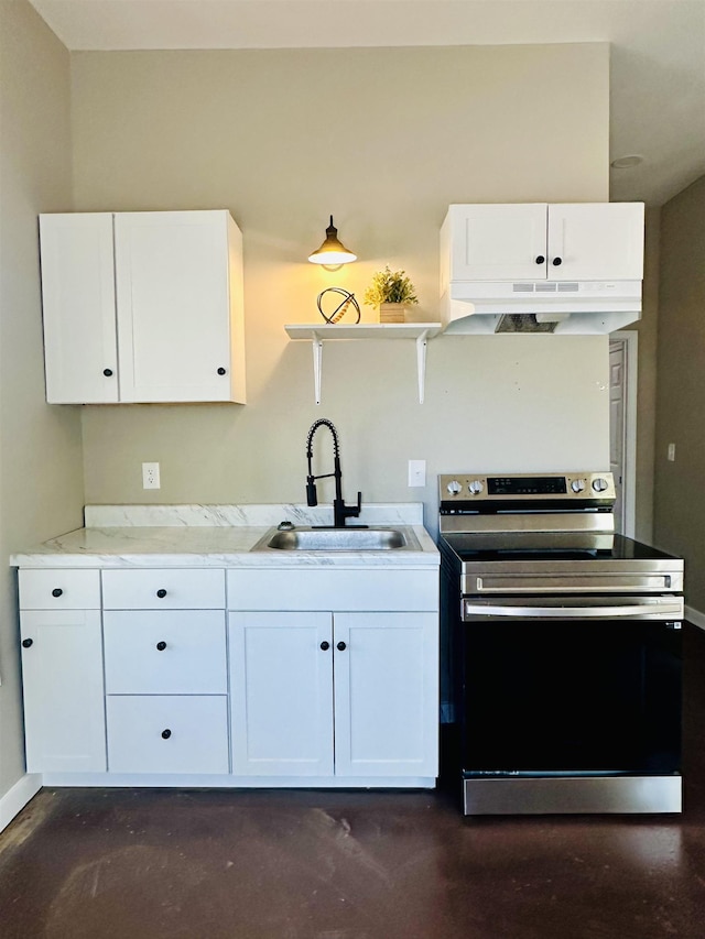 159 Hillhurst Dr, Selmer, TN 38375 - kitchen featuring electric range, a sink, under cabinet range hood, white cabinetry, and light countertops