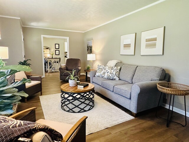 159 Hillhurst Dr, Selmer, TN 38375 - living area featuring dark wood-type flooring, baseboards, and ornamental molding