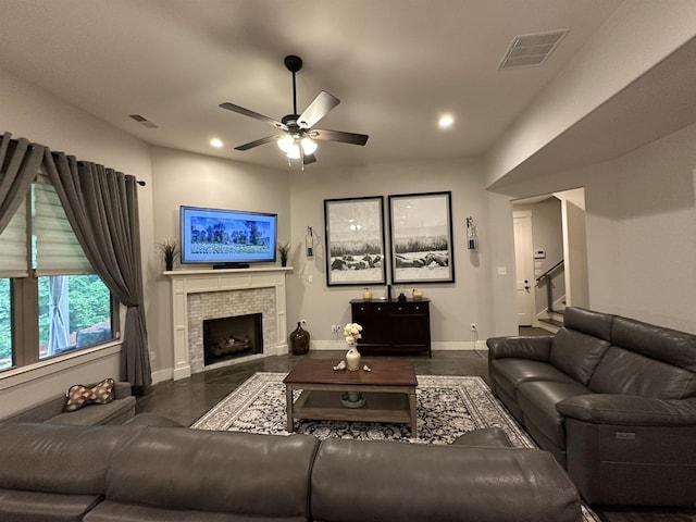 6104 Scottscraig Cv, Bartlett, TN 38135 - living area with baseboards, a ceiling fan, recessed lighting, stairs, and a tiled fireplace