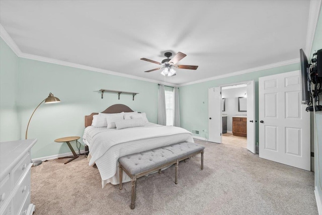 1772 Old Mill Rd, Germantown, TN 38138 - bedroom featuring light colored carpet, crown molding, connected bathroom, baseboards, and ceiling fan
