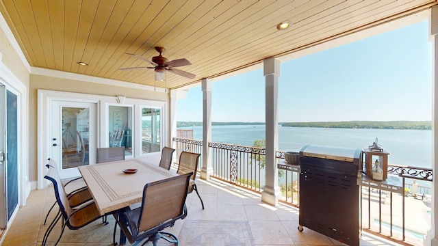 410 Shipwatch Pt, Savannah, TN 38372 - sunroom featuring wood ceiling, a water view, and tile patterned floors