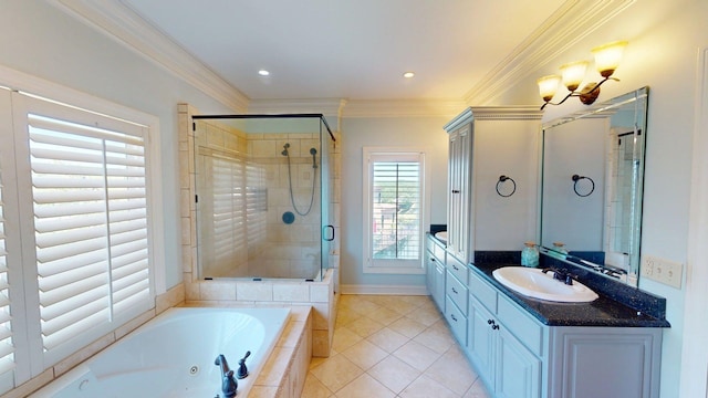 410 Shipwatch Pt, Savannah, TN 38372 - bathroom featuring a jetted tub, double vanity, a shower stall, tile patterned flooring, and crown molding
