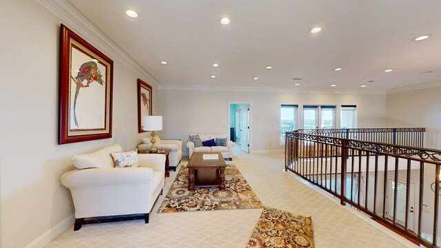 410 Shipwatch Pt, Savannah, TN 38372 - living room featuring recessed lighting, light carpet, ornamental molding, and baseboards