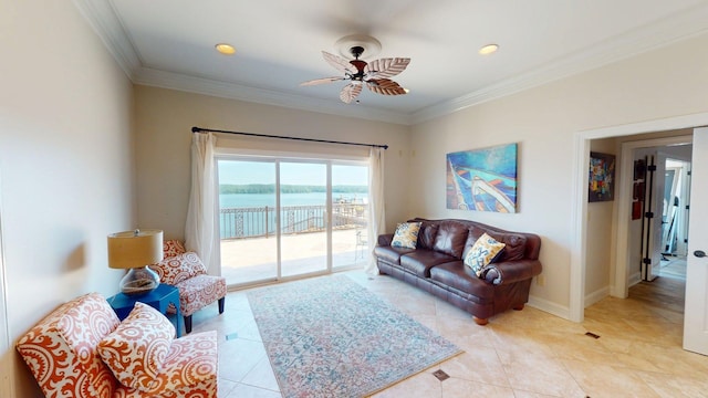 410 Shipwatch Pt, Savannah, TN 38372 - living room featuring a ceiling fan, ornamental molding, light tile patterned floors, recessed lighting, and baseboards