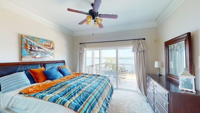 410 Shipwatch Pt, Savannah, TN 38372 - bedroom with access to exterior, ornamental molding, carpet flooring, a water view, and ceiling fan