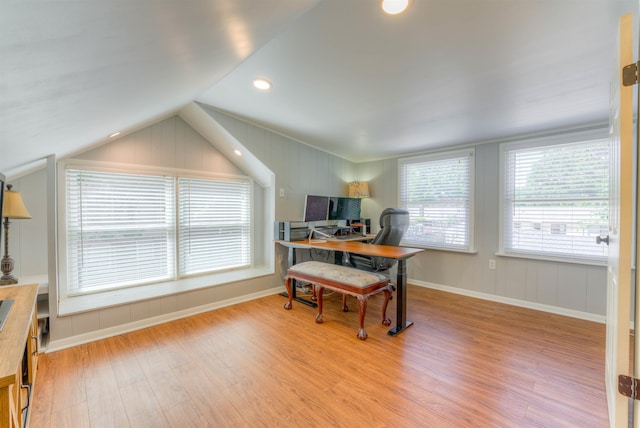 4834 Welchshire Ave, Memphis, TN 38117 - office space with wood finished floors, baseboards, vaulted ceiling, and recessed lighting
