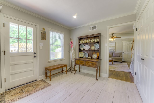 4834 Welchshire Ave, Memphis, TN 38117 - doorway featuring a ceiling fan, ornamental molding, baseboards, and recessed lighting