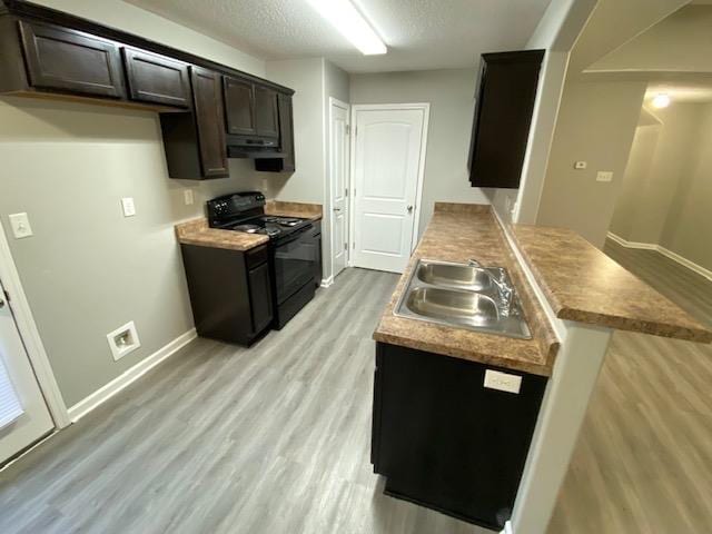 7407 Crayton Ridge Dr, Cordova, TN 38018 - kitchen featuring black / electric stove, a sink, light wood-style floors, baseboards, and a textured ceiling