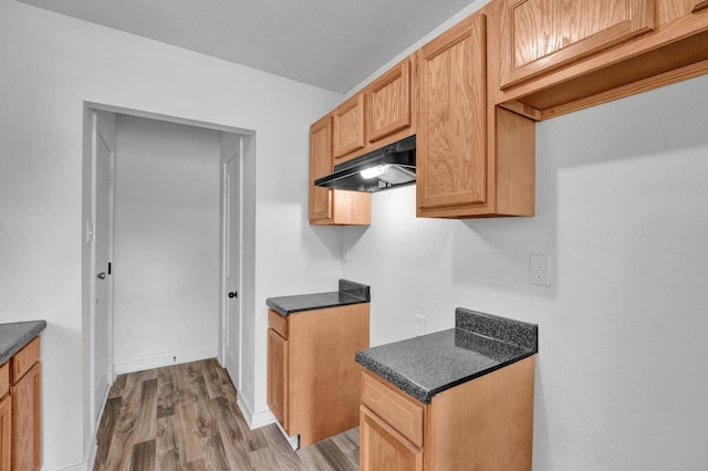 1394 Chadwick Cir, Memphis, TN 38114 - kitchen featuring under cabinet range hood, wood finished floors, dark countertops, and baseboards