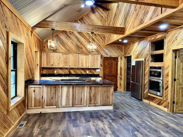 0 Tyson Rd, Toone, TN 38381 - kitchen featuring wood walls, refrigerator, stainless steel double oven, dark countertops, and a peninsula