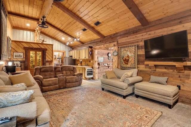 1940 Nuckolls Rd, Rossville, TN 38066 - carpeted living room with wood walls, wood ceiling, a sink, and beverage cooler