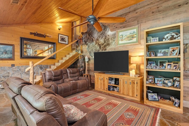 1940 Nuckolls Rd, Rossville, TN 38066 - living area featuring wood walls, wood ceiling, lofted ceiling, a ceiling fan, and stairway