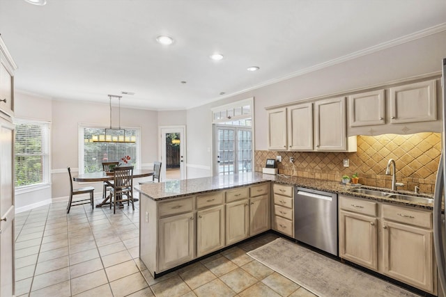 2045 Gallina Cir, Collierville, TN 38017 - kitchen with stainless steel dishwasher, a peninsula, light tile patterned floors, tasteful backsplash, and crown molding