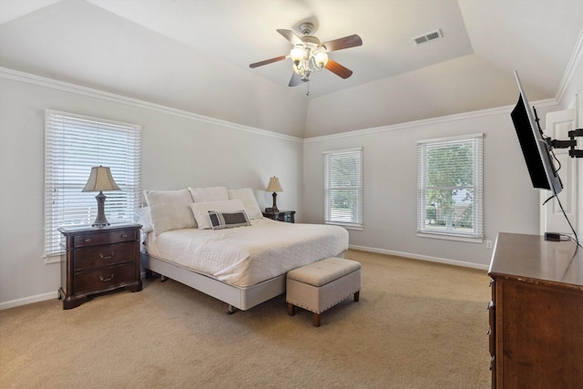 2045 Gallina Cir, Collierville, TN 38017 - bedroom featuring light carpet, ornamental molding, a ceiling fan, and vaulted ceiling