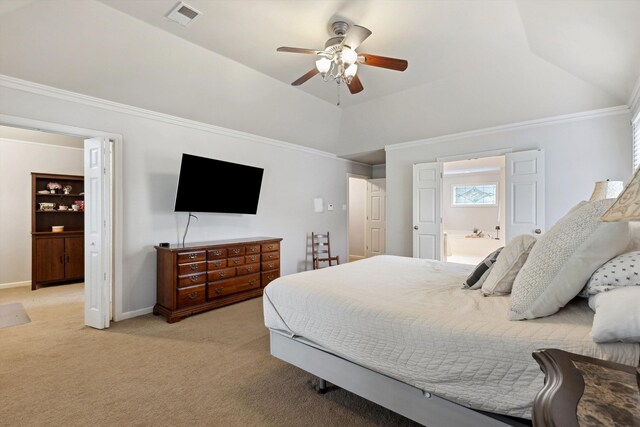 2045 Gallina Cir, Collierville, TN 38017 - bedroom with light colored carpet, crown molding, a ceiling fan, connected bathroom, and a tray ceiling