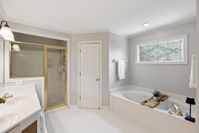 2045 Gallina Cir, Collierville, TN 38017 - bathroom with vanity, a stall shower, a bath, tile patterned floors, and ornamental molding