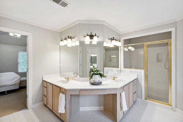 2045 Gallina Cir, Collierville, TN 38017 - ensuite bathroom featuring double vanity, a shower stall, ornamental molding, and tile patterned flooring