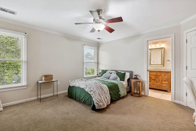 2045 Gallina Cir, Collierville, TN 38017 - bedroom with light colored carpet, crown molding, ensuite bath, and a ceiling fan