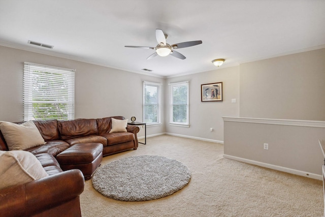 2045 Gallina Cir, Collierville, TN 38017 - living room with ceiling fan, plenty of natural light, light colored carpet, and crown molding