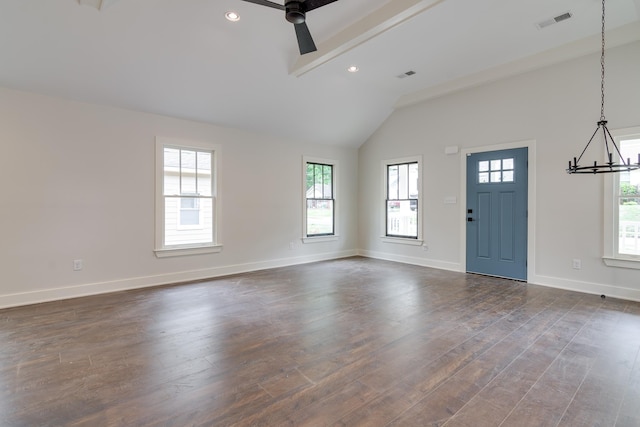 404 Williford Pl, Memphis, TN 38112 - entryway featuring a chandelier, baseboards, a ceiling fan, dark wood-style floors, and beam ceiling