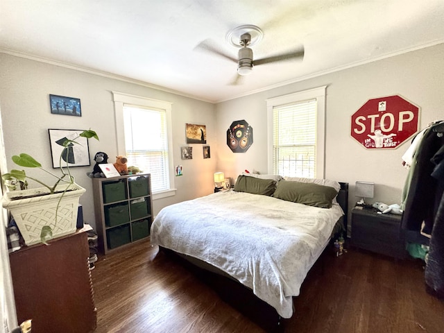 260 N Willett St, Memphis, TN 38112 - bedroom with multiple windows, wood finished floors, ornamental molding, and a ceiling fan