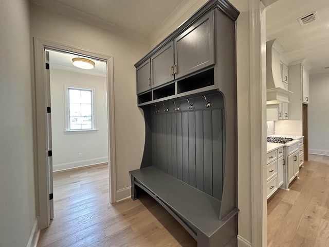 602 Cedar Shadows Cir W, Collierville, TN 38017 - mudroom with crown molding, light wood-style flooring, and baseboards