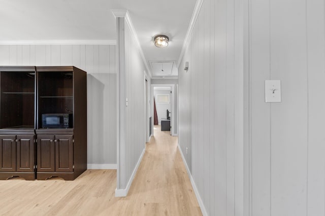 45 Daniel St, Savannah, TN 38372 - hallway with attic access, light wood-style floors, ornamental molding, and baseboards