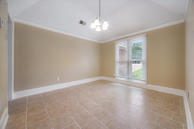 4386 S Germantown Rd, Memphis, TN 38125 - unfurnished room featuring a chandelier, crown molding, baseboards, vaulted ceiling, and light tile patterned floors