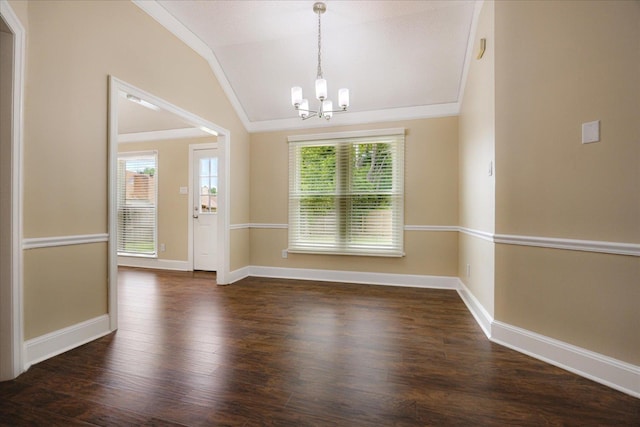 4386 S Germantown Rd, Memphis, TN 38125 - unfurnished dining area featuring lofted ceiling, a chandelier, dark wood finished floors, and baseboards