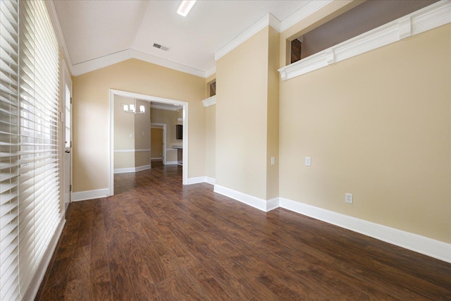 4386 S Germantown Rd, Memphis, TN 38125 - spare room with wood finished floors, baseboards, vaulted ceiling, a chandelier, and crown molding