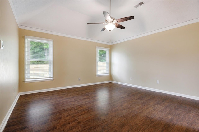 4386 S Germantown Rd, Memphis, TN 38125 - unfurnished room with plenty of natural light, a ceiling fan, dark wood-style floors, crown molding, and baseboards