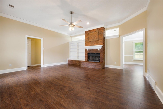 4386 S Germantown Rd, Memphis, TN 38125 - unfurnished living room featuring a ceiling fan, crown molding, dark wood-style floors, baseboards, and recessed lighting