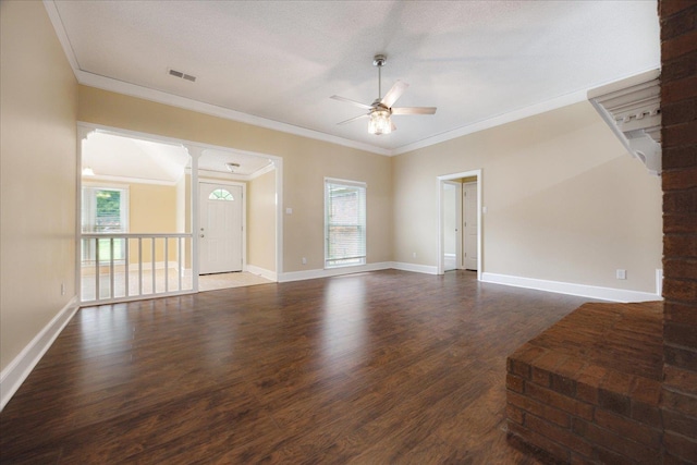 4386 S Germantown Rd, Memphis, TN 38125 - unfurnished living room featuring a ceiling fan, healthy amount of natural light, crown molding, wood finished floors, and baseboards