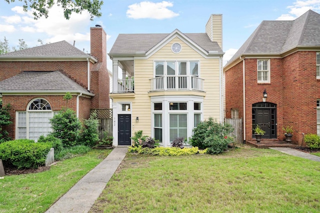 142 Granehampton Ln, Memphis, TN 38111 - traditional-style home with a front yard, a balcony, a chimney, and brick siding