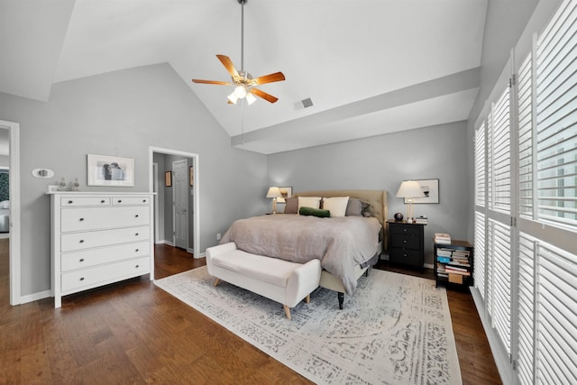 142 Granehampton Ln, Memphis, TN 38111 - bedroom featuring high vaulted ceiling, dark wood-style floors, ceiling fan, and baseboards