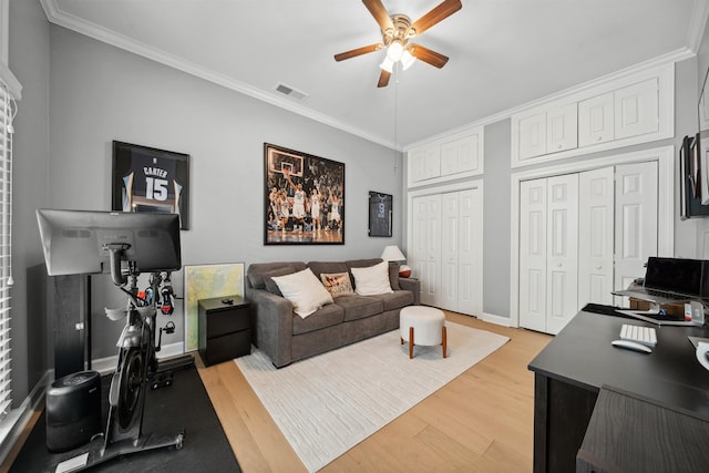 142 Granehampton Ln, Memphis, TN 38111 - living area with ceiling fan, crown molding, an office area, light wood-style floors, and baseboards
