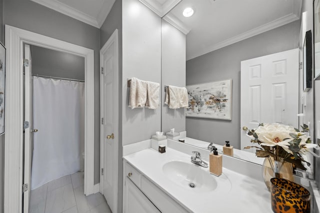 142 Granehampton Ln, Memphis, TN 38111 - full bath with vanity, ornamental molding, marble look tile flooring, and a shower with curtain